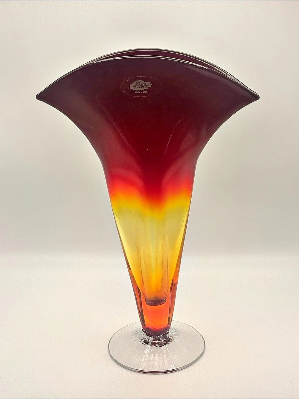 Blenko #872 Fan Vase Tangerine Crystal UV Reactive 11.5” Hand Blown USA